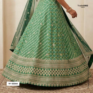 Green Bandhani Jacquard Cutdana Embroidery Russian Silk Fabric TF-32344 - TradeUNO