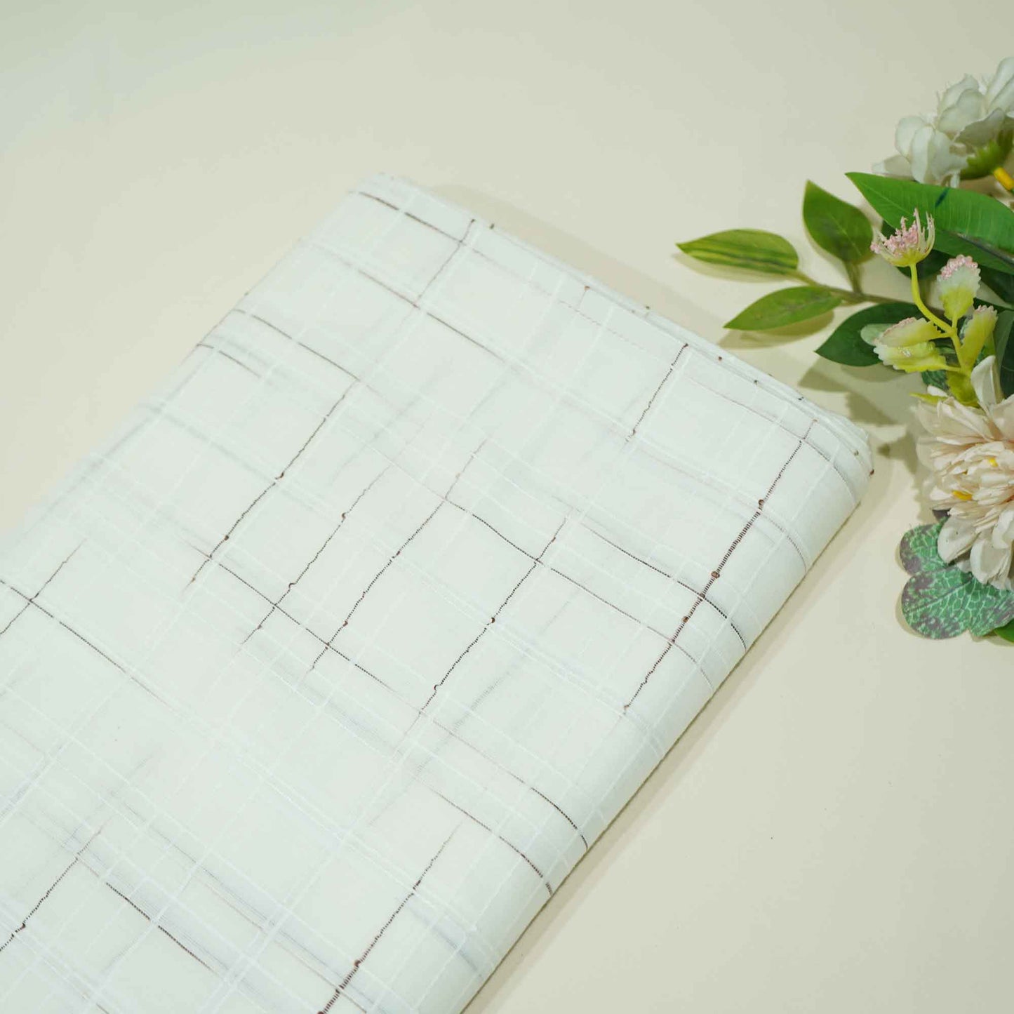 OffWhite Brown Check Dobby Embroidery Dyeable Cotton DE-16404