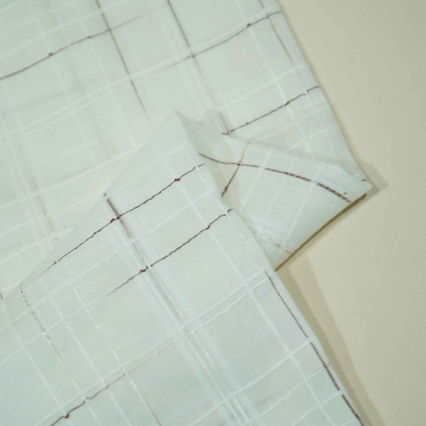 OffWhite Brown Check Dobby Embroidery Dyeable Cotton DE-16404