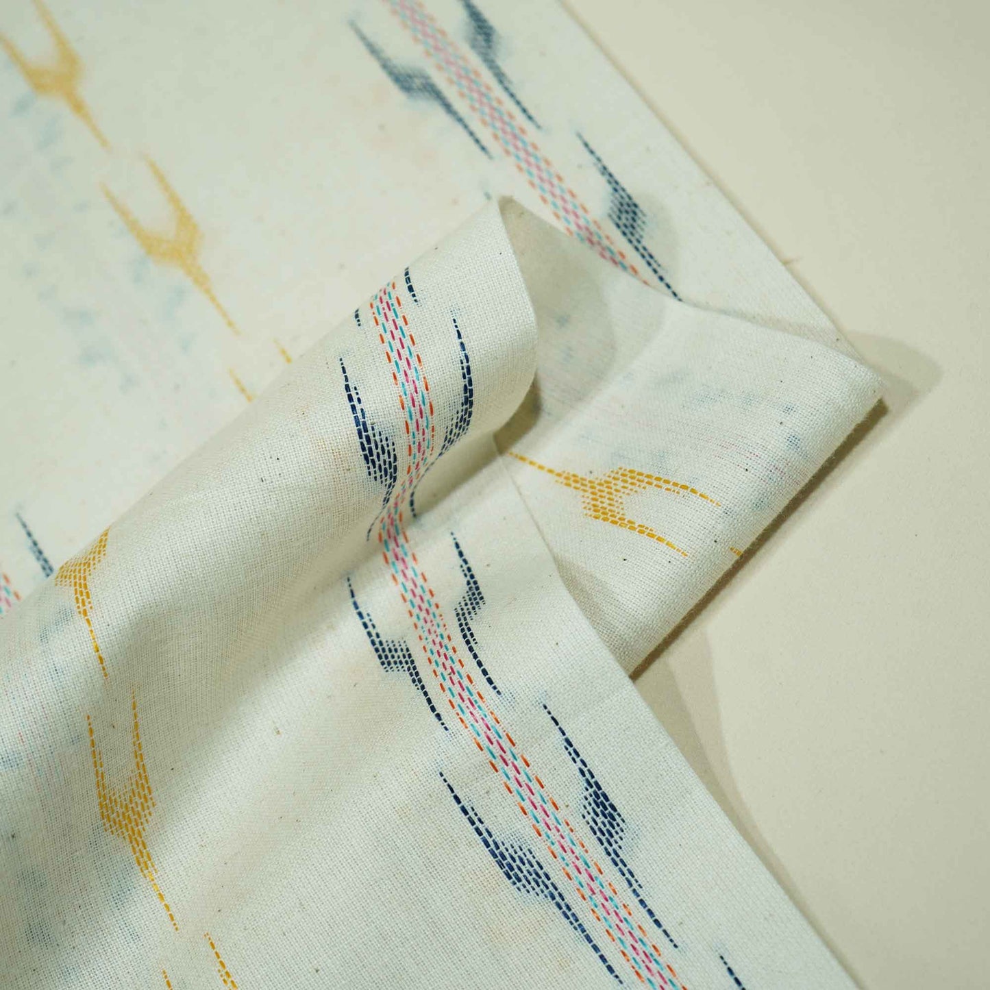 OffWhite Yellow Ikkat Dobby Embroidery Cotton DE-16412