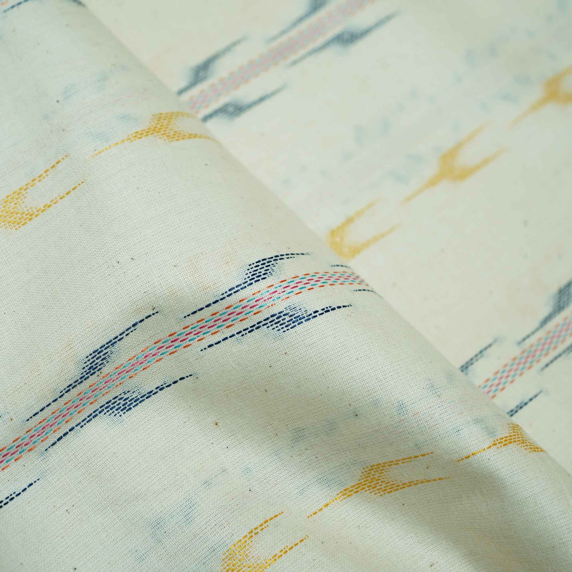 OffWhite Yellow Ikkat Dobby Embroidery Cotton DE-16412