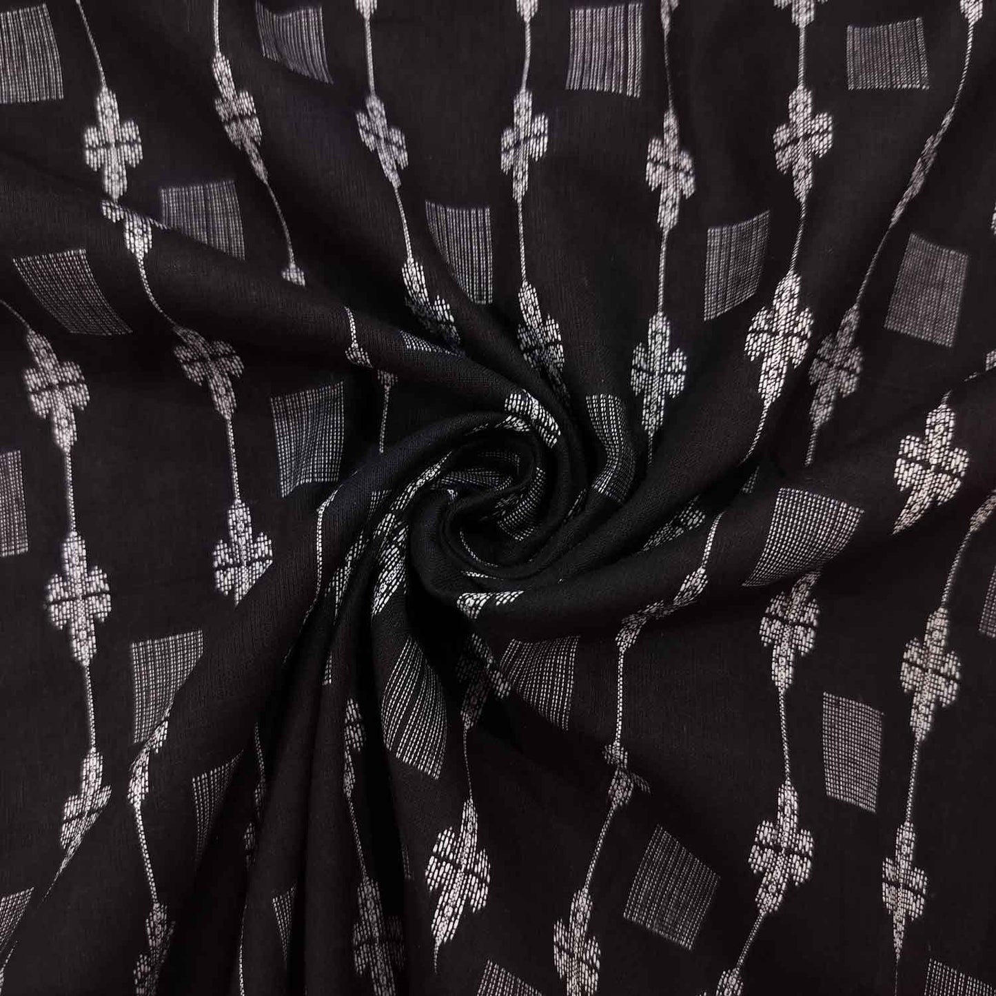Black Floral Geometrical Silver Dobby Embroidery Cotton DE-16435