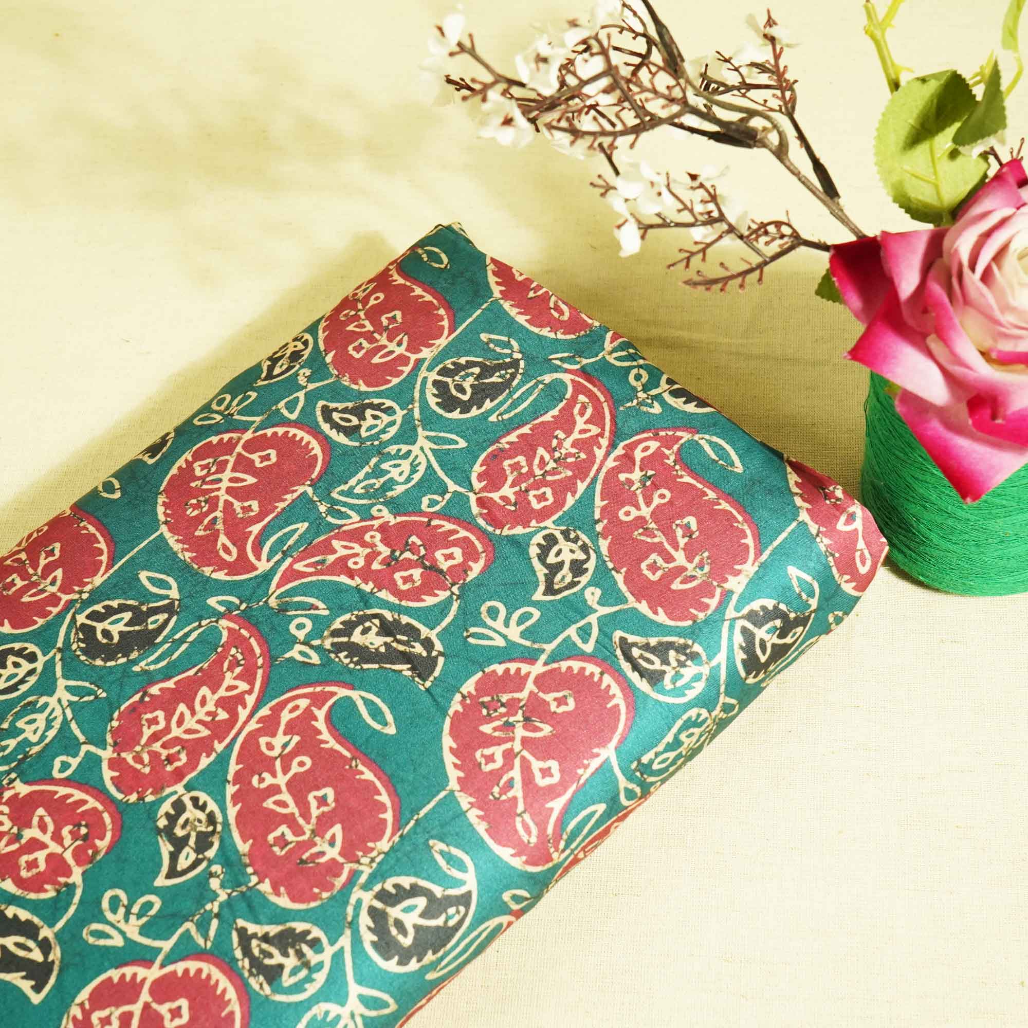 Sea green pink leaves Print Modal Satin VC-16453