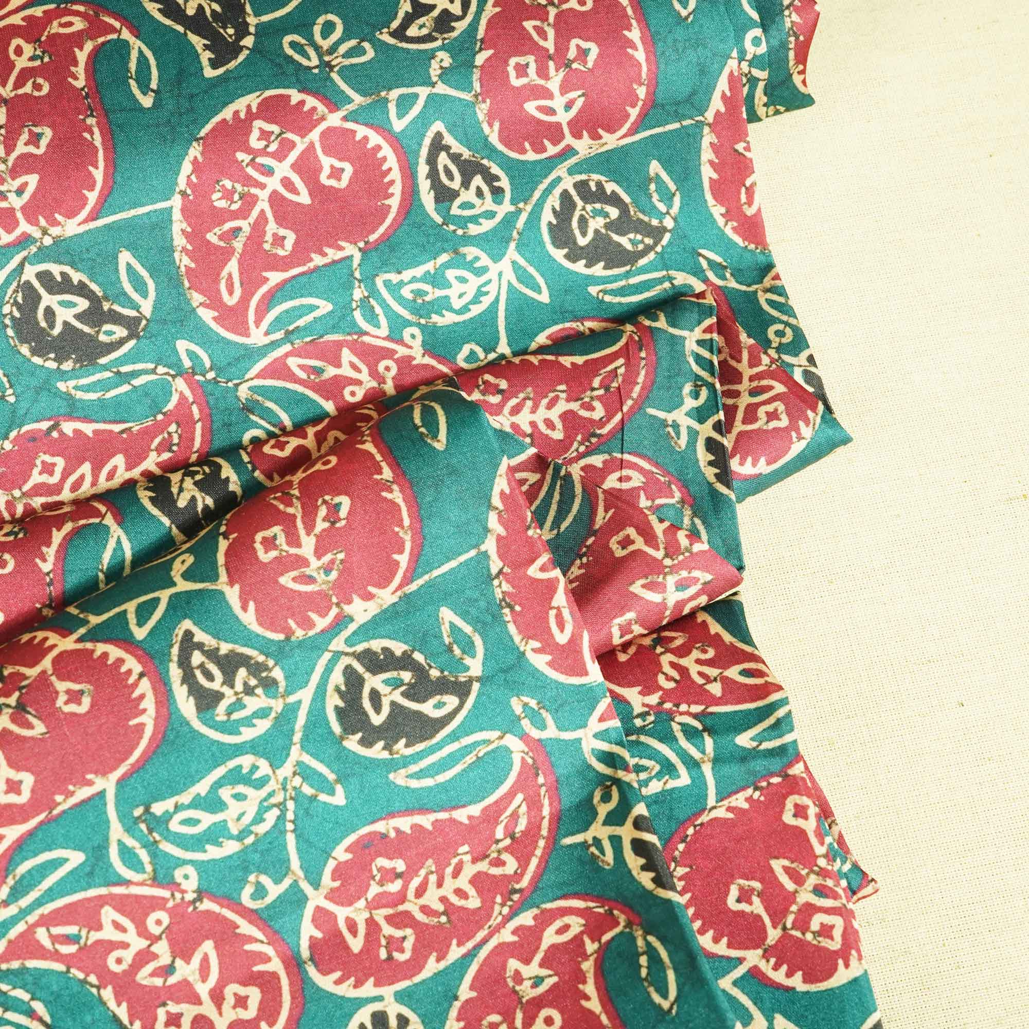 Sea green pink leaves Print Modal Satin VC-16453