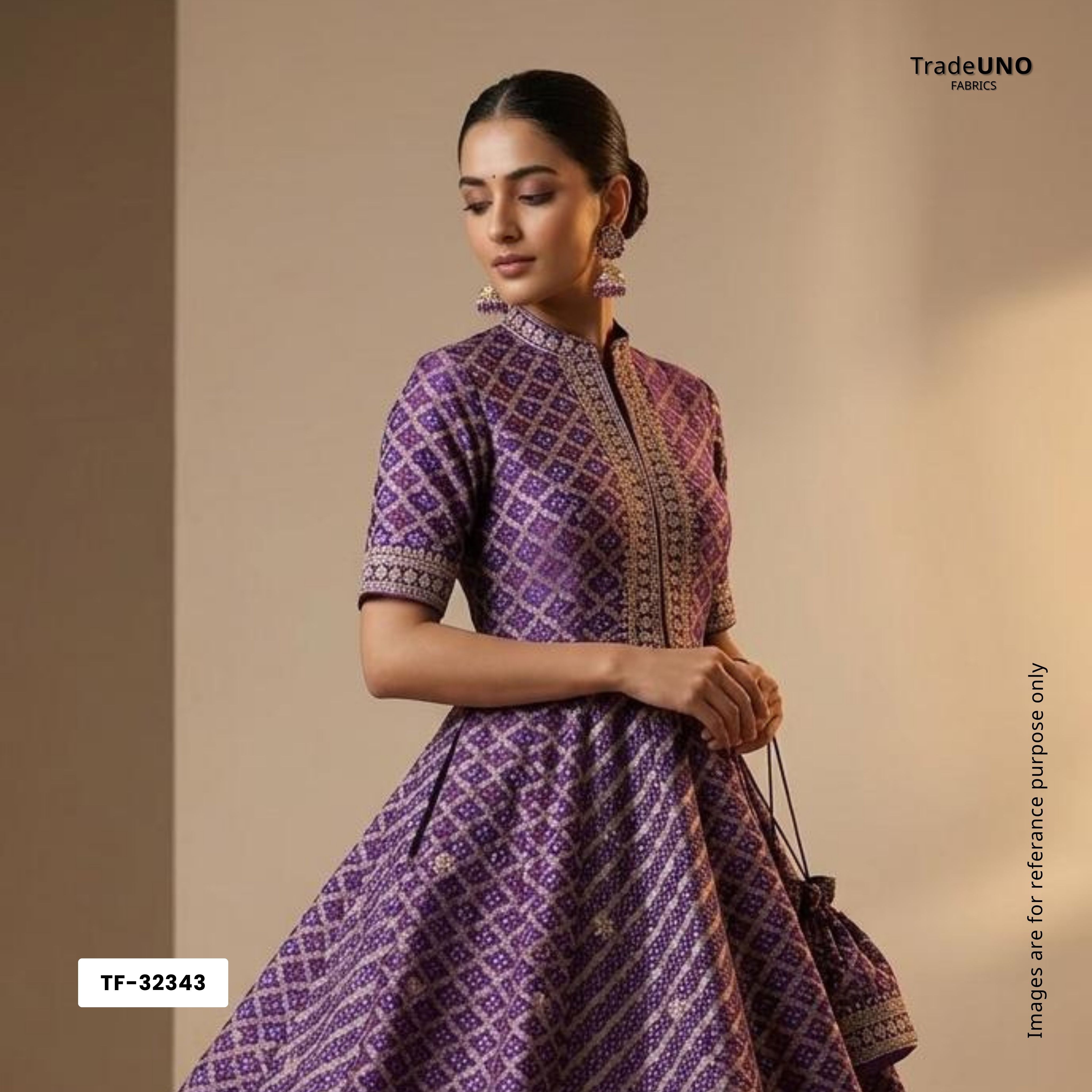 Purple Bandhani Jacquard Cutdana Embroidery Russian Silk Fabric TF-32343 - TradeUNO