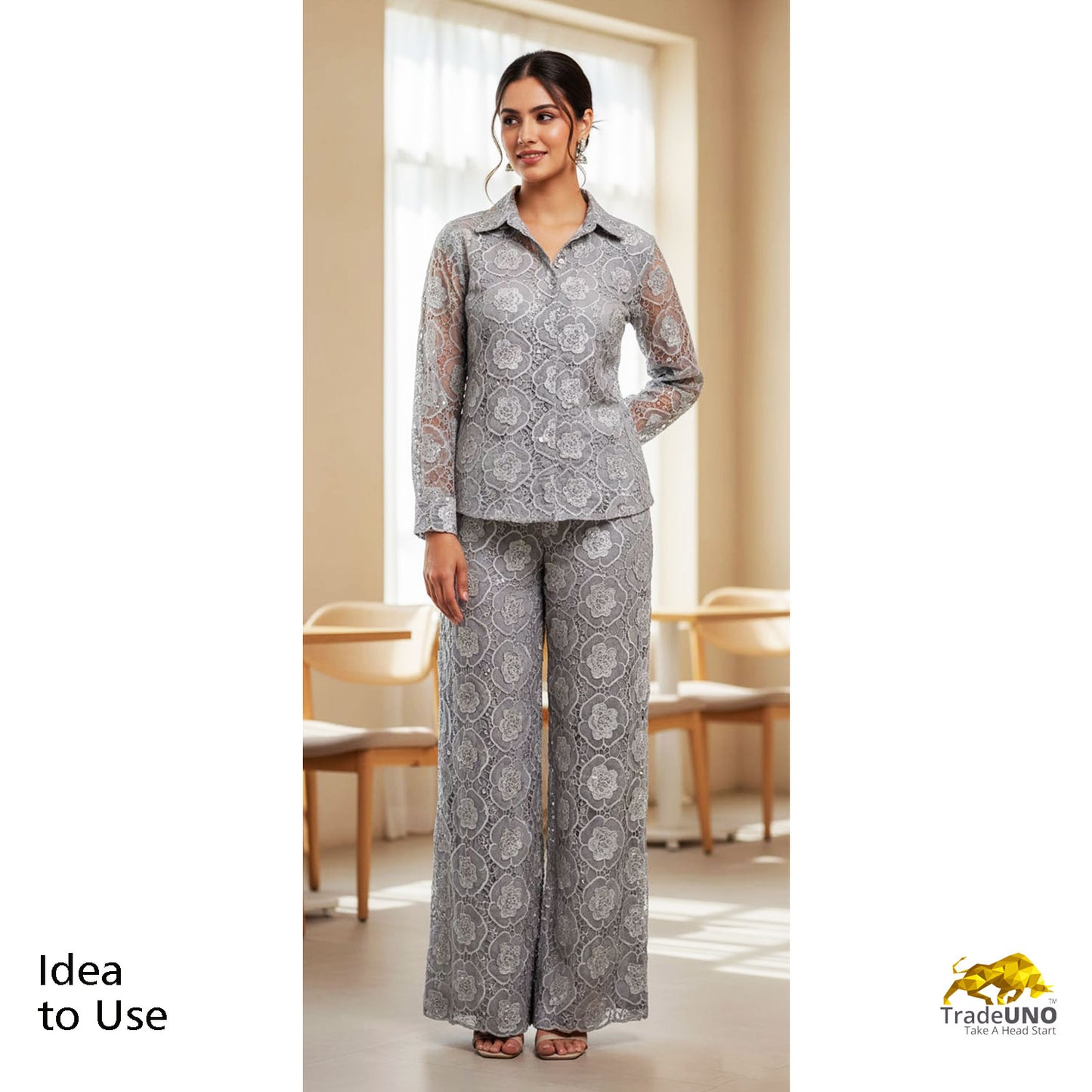 Premium Grey 3D Floral Sequins Embroidery Schiffli Crepe Fabric CF-16583