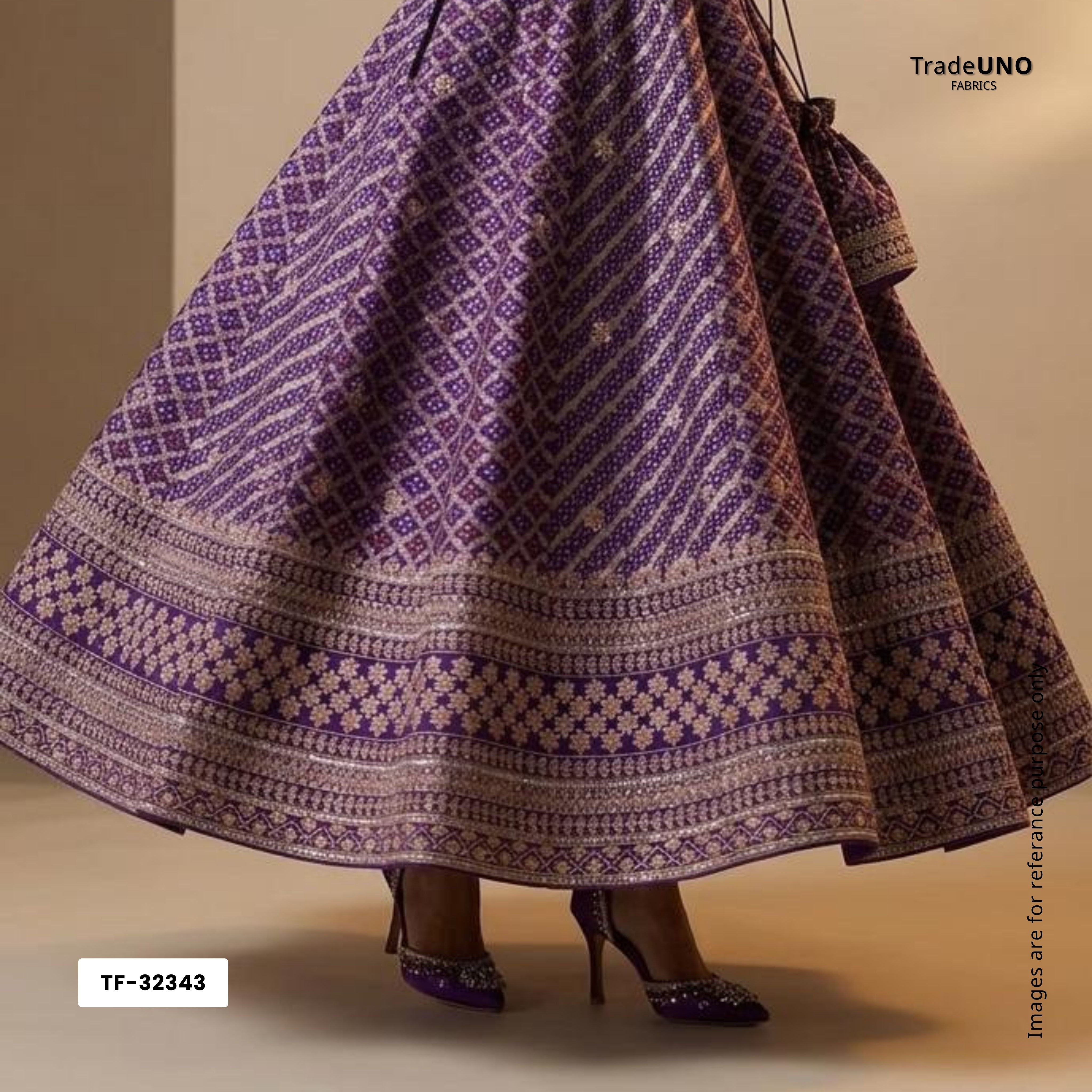 Purple Bandhani Jacquard Cutdana Embroidery Russian Silk Fabric TF-32343 - TradeUNO