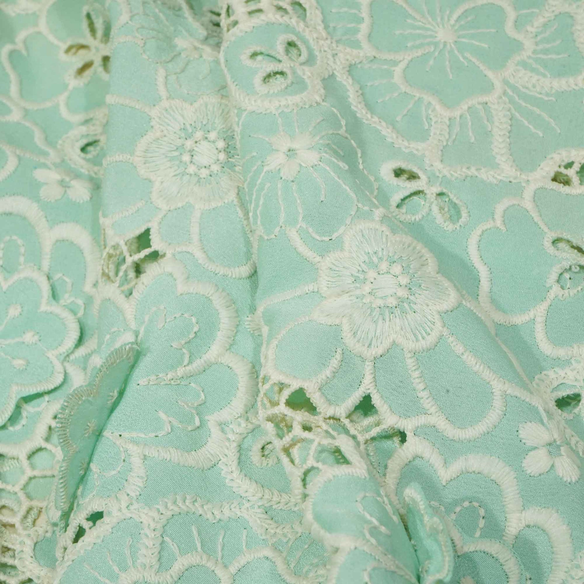 Mint Green White 3D Embroidery Schiffli Crepe AF-16666