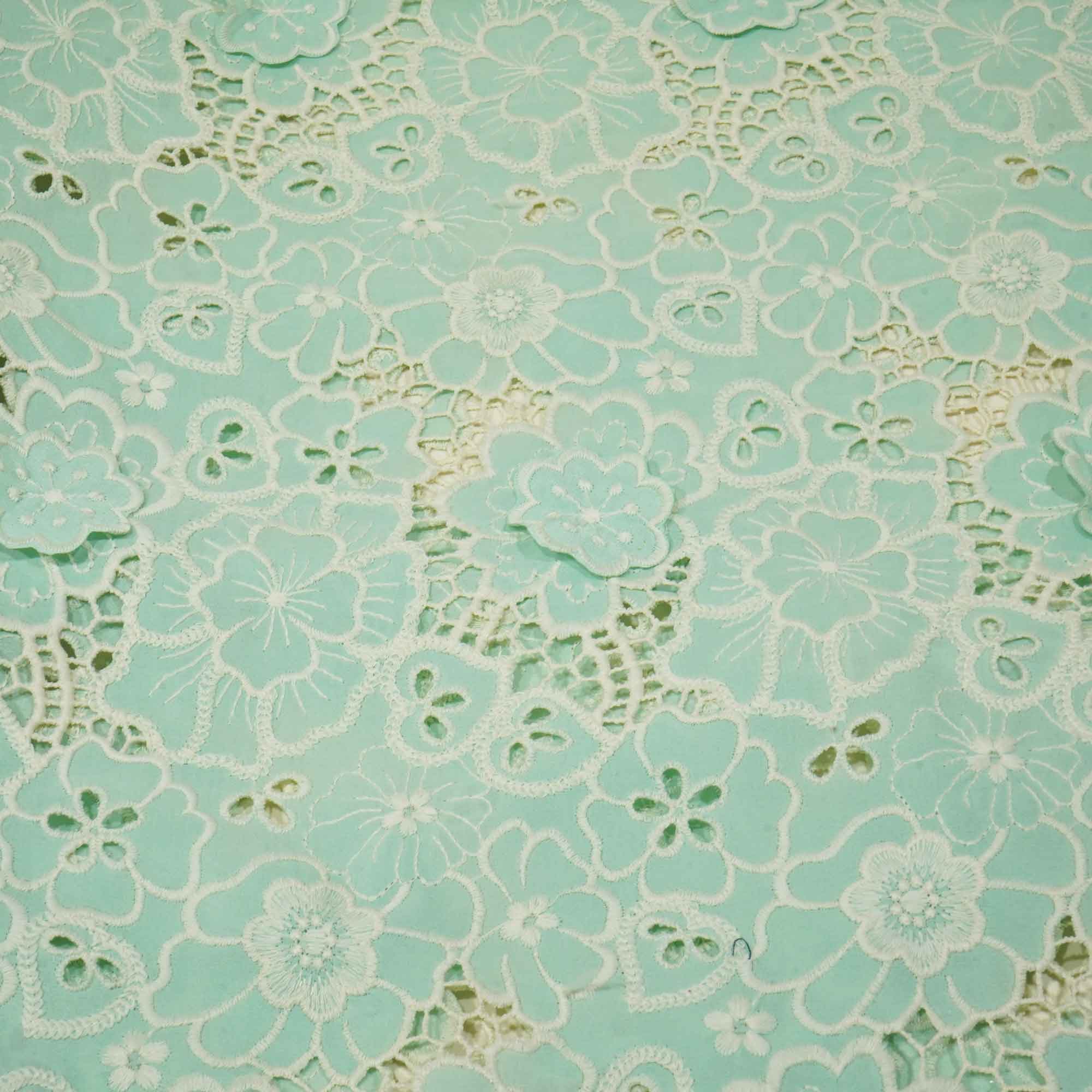 Mint Green White 3D Embroidery Schiffli Crepe AF-16666