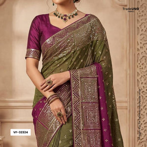 Wine With Olive Green 4D Geometrical Sequins Embroidery Malai Chanderi Fabric VF-32324 - TradeUNO