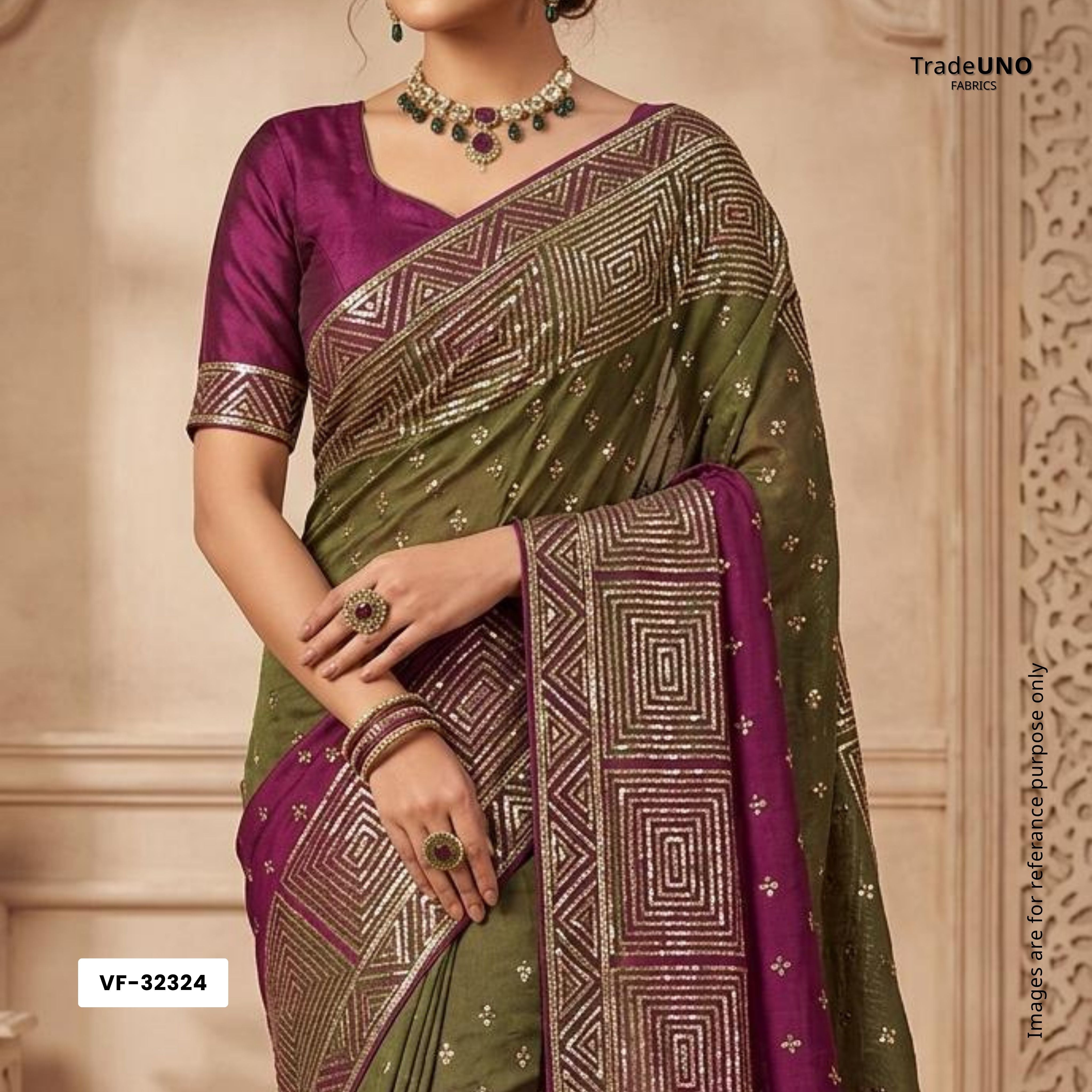 Wine With Olive Green 4D Geometrical Sequins Embroidery Malai Chanderi Fabric VF-32324 - TradeUNO