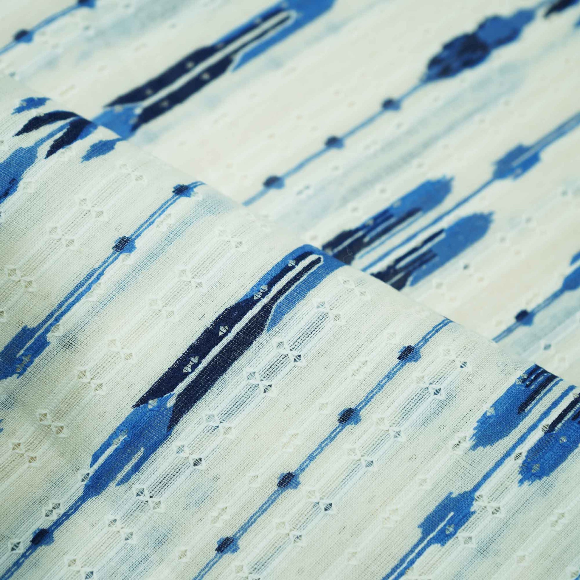 OffWhite Blue Ikkat Dobby Embroidery Dyeable Cotton DE-16820