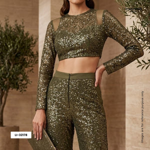 Olive Green Sequins Embroidery Net Fabric LI-32178 - TradeUNO