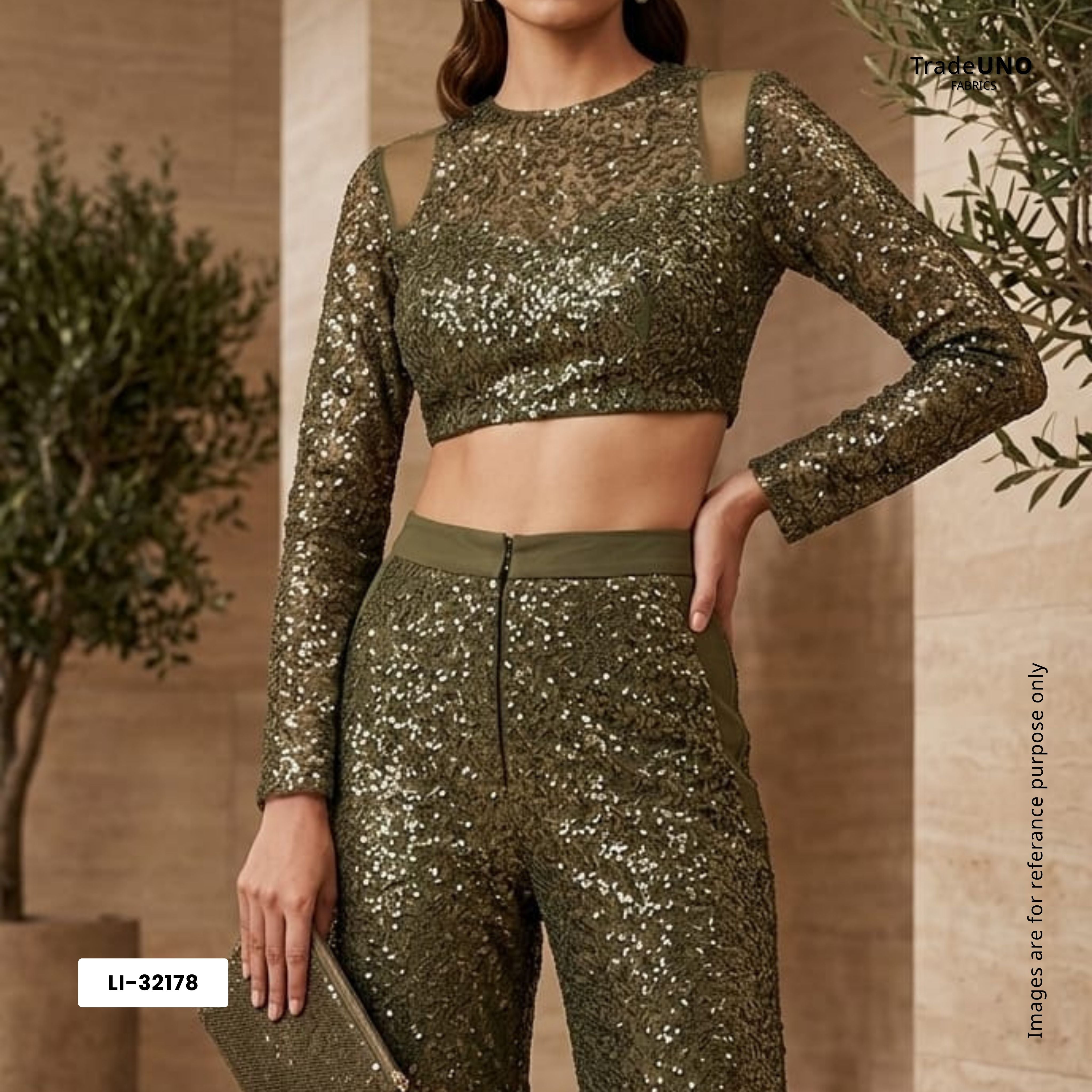 Olive Green Sequins Embroidery Net Fabric LI-32178 - TradeUNO