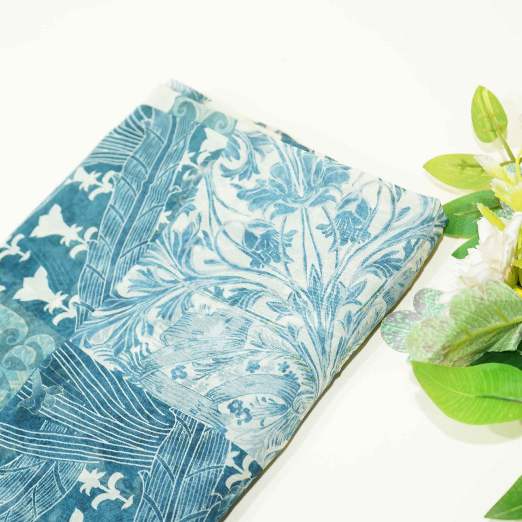 Off White Steal Blue Tropical Georgette GT-17107