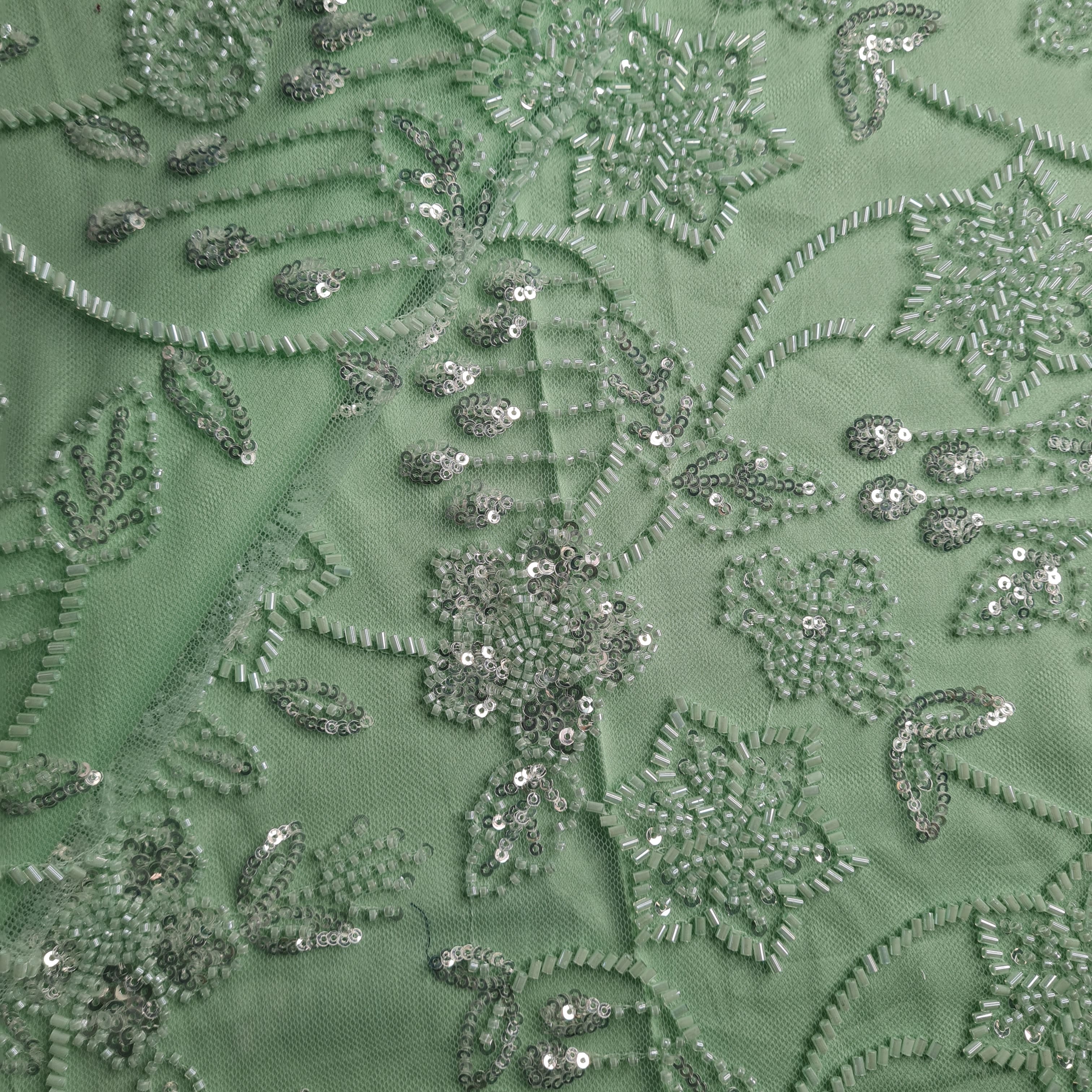 Premium Net Mint Green Floral CutDana Sequins Embroidery Fabric