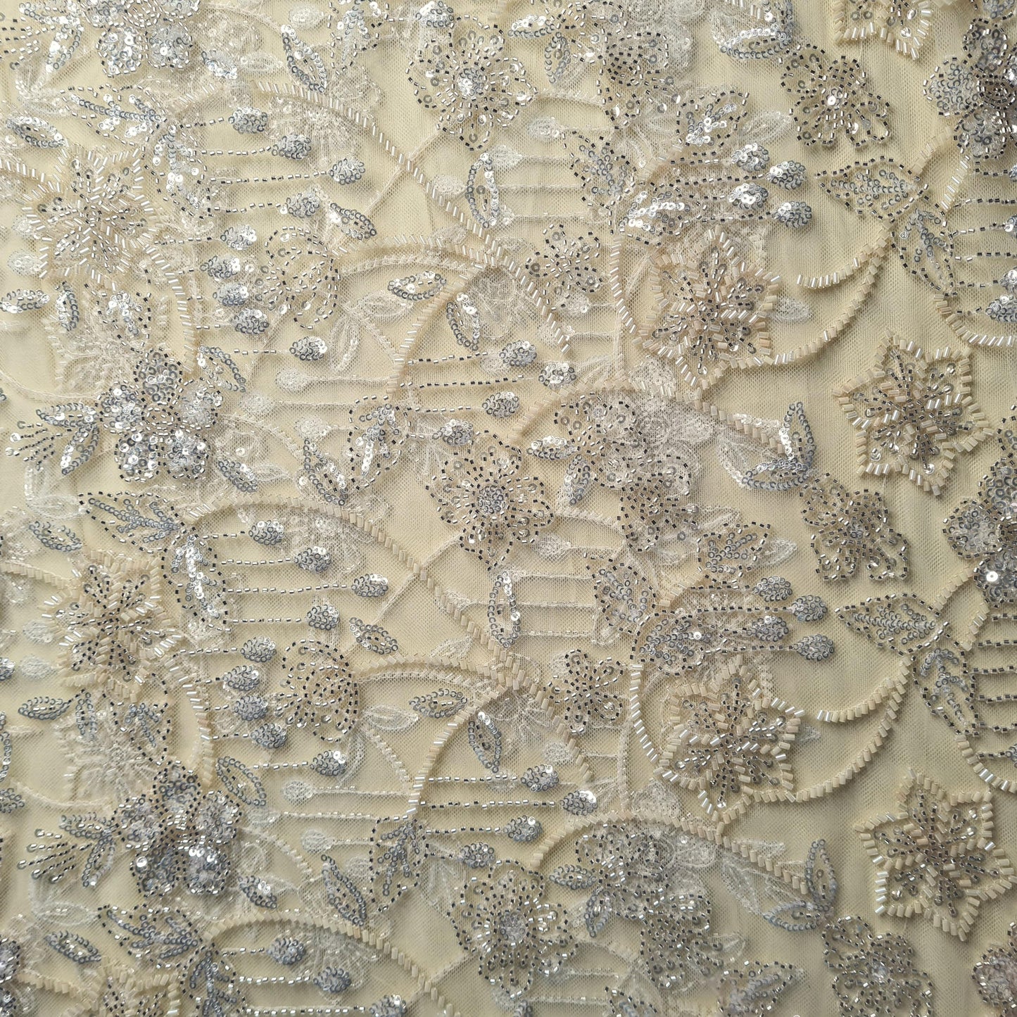 Premium Net Light Yellow Floral CutDana Sequins Embroidery Fabric