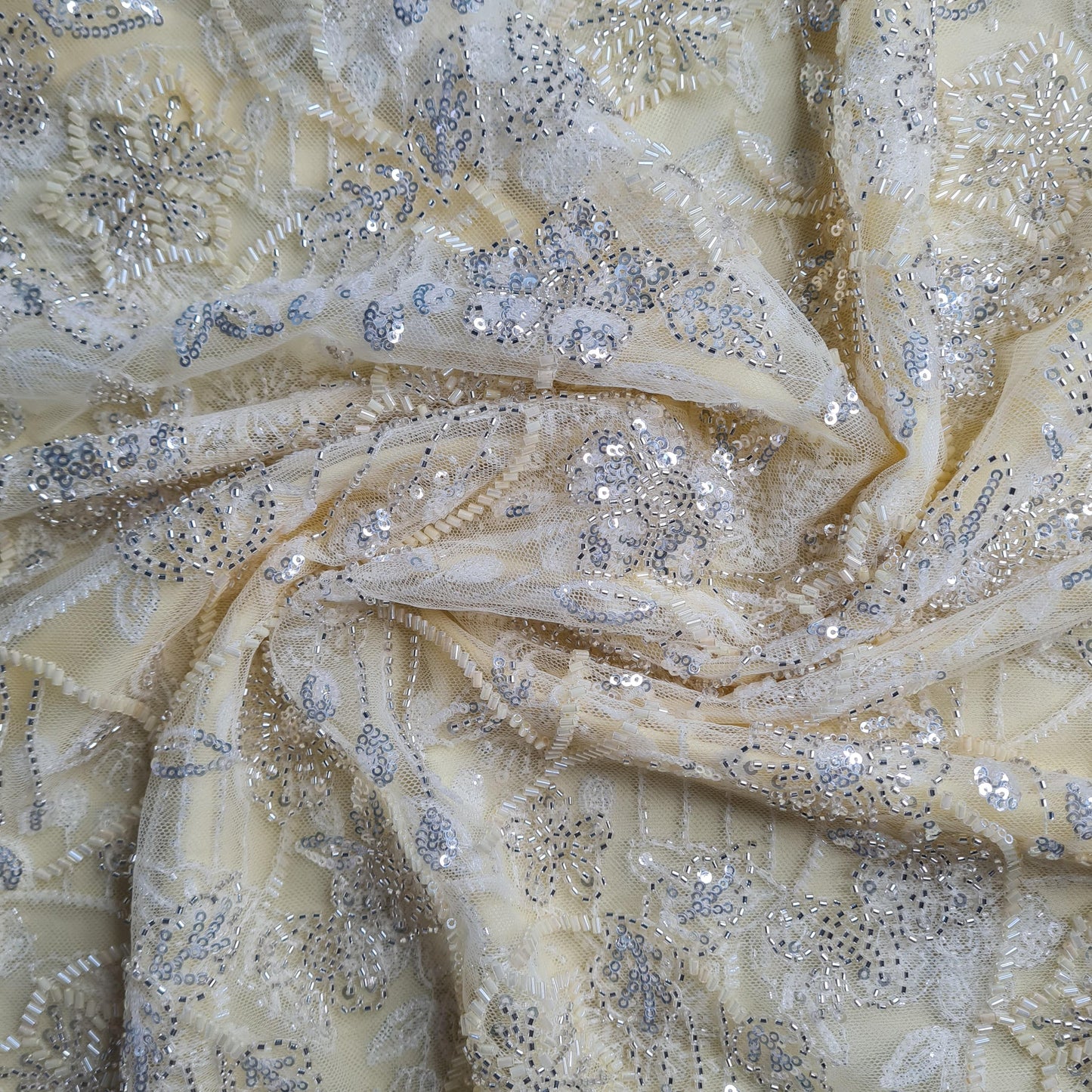 Premium Net Light Yellow Floral CutDana Sequins Embroidery Fabric