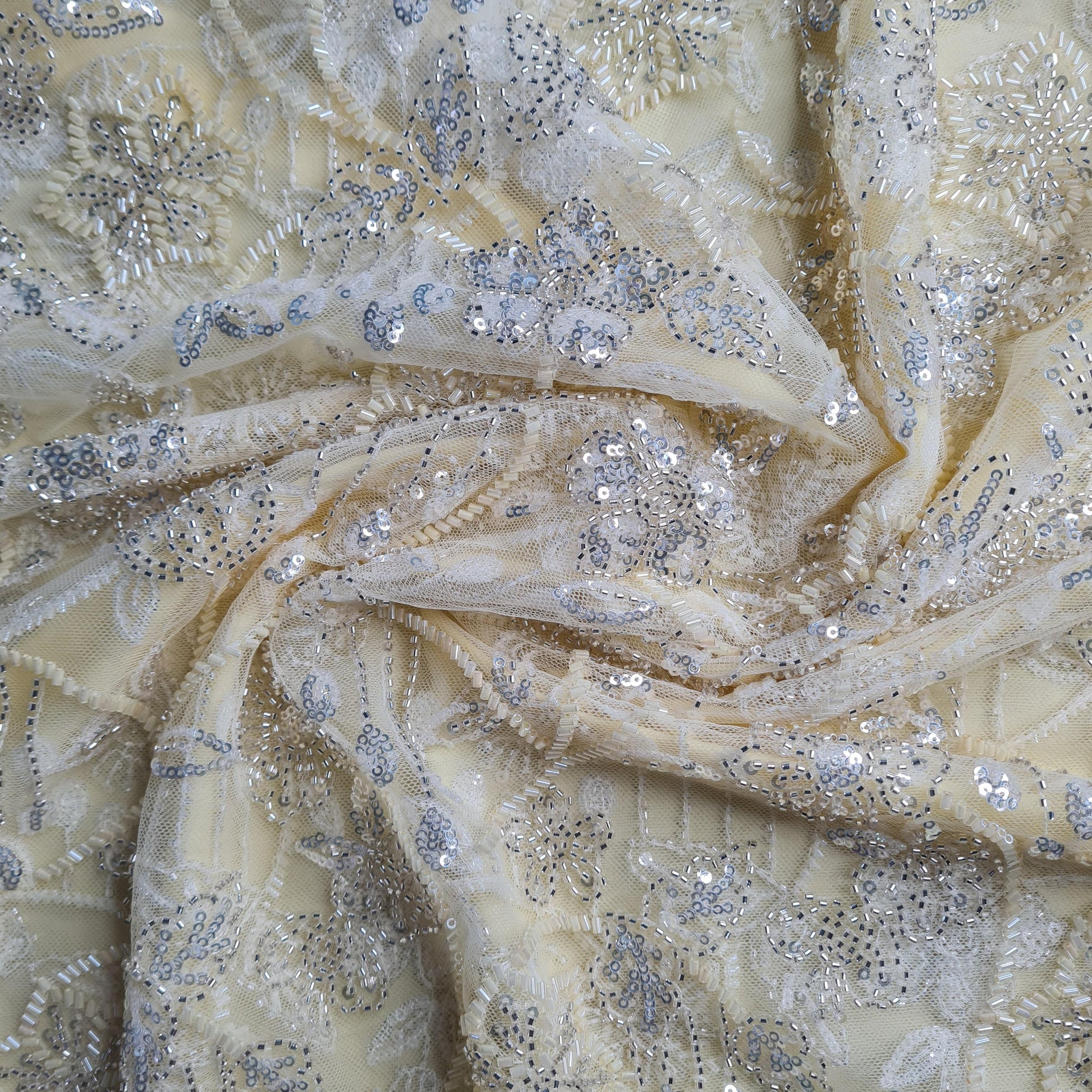 Premium Net Light Yellow Floral CutDana Sequins Embroidery Fabric