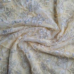 Premium Net Light Yellow Floral CutDana Sequins Embroidery Fabric