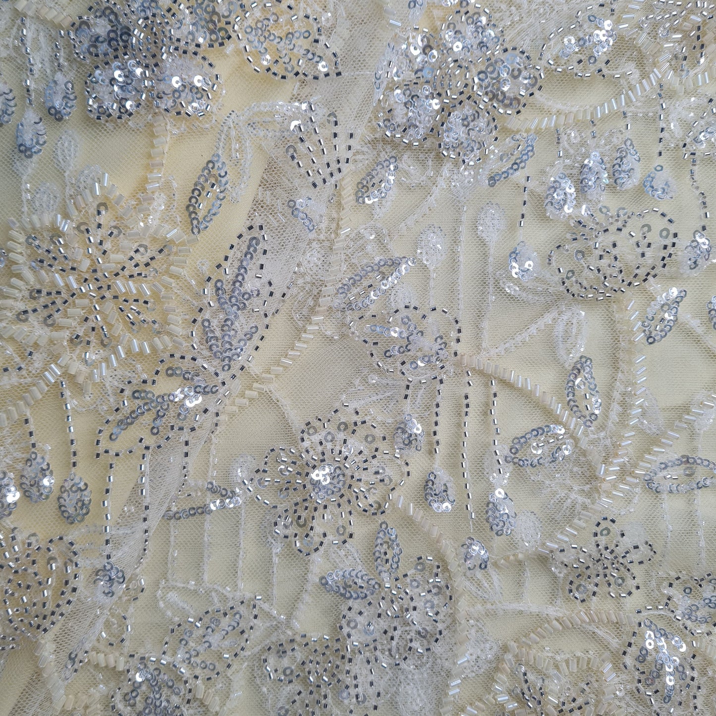 Premium Net Light Yellow Floral CutDana Sequins Embroidery Fabric