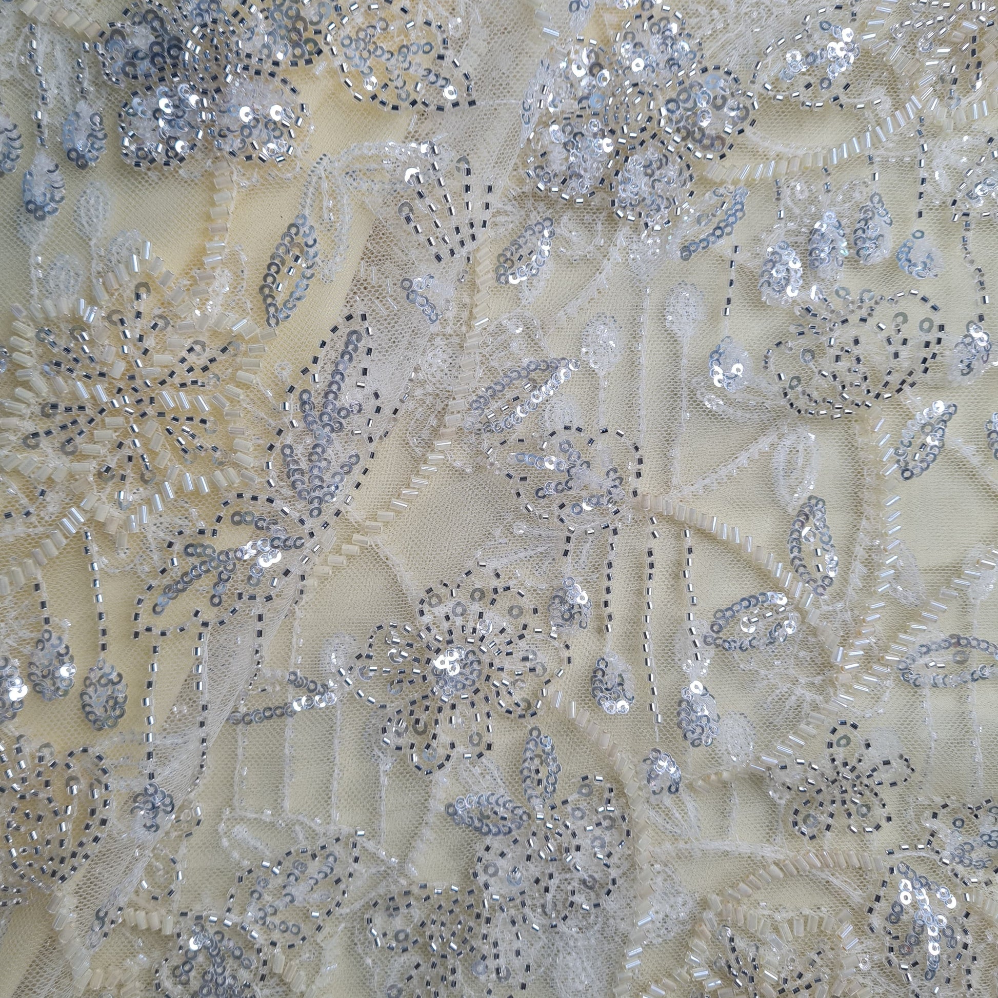 Premium Net Light Yellow Floral CutDana Sequins Embroidery Fabric