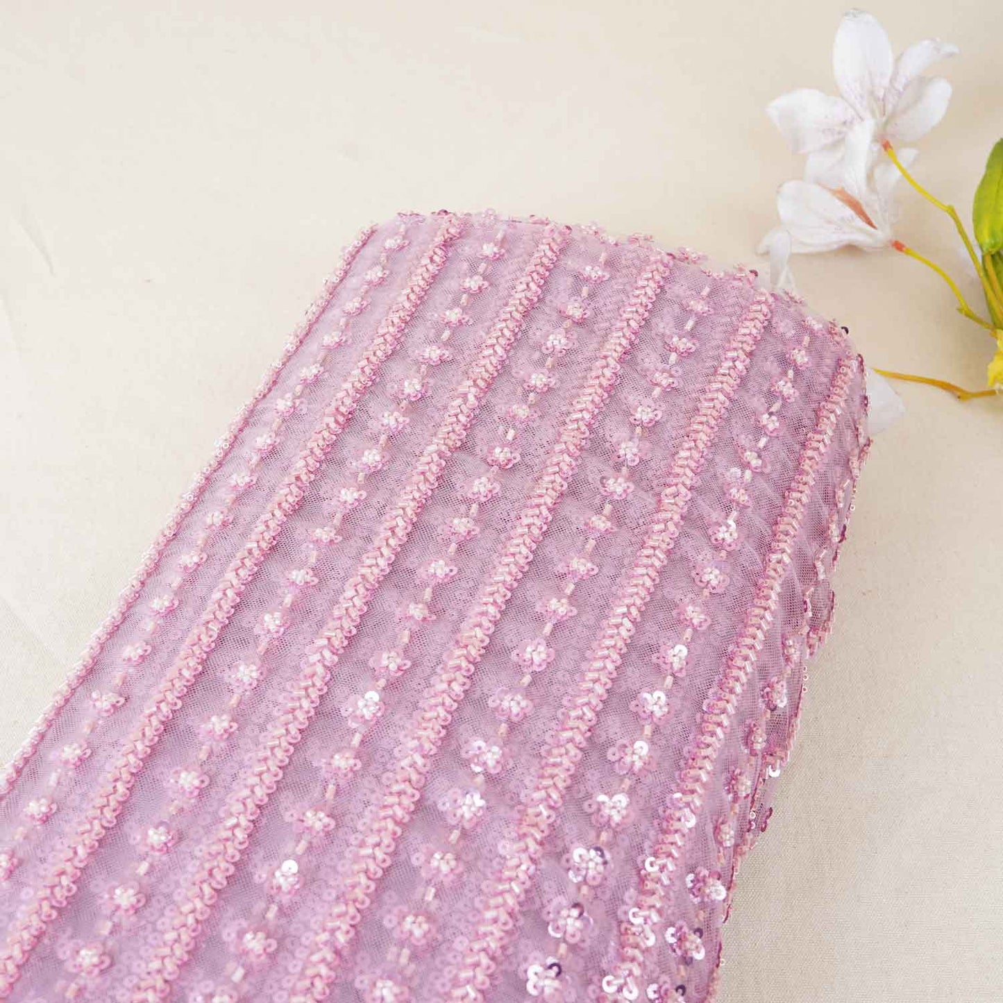 Pink Stripes CutDana Sequins Embroidery Net Fabric