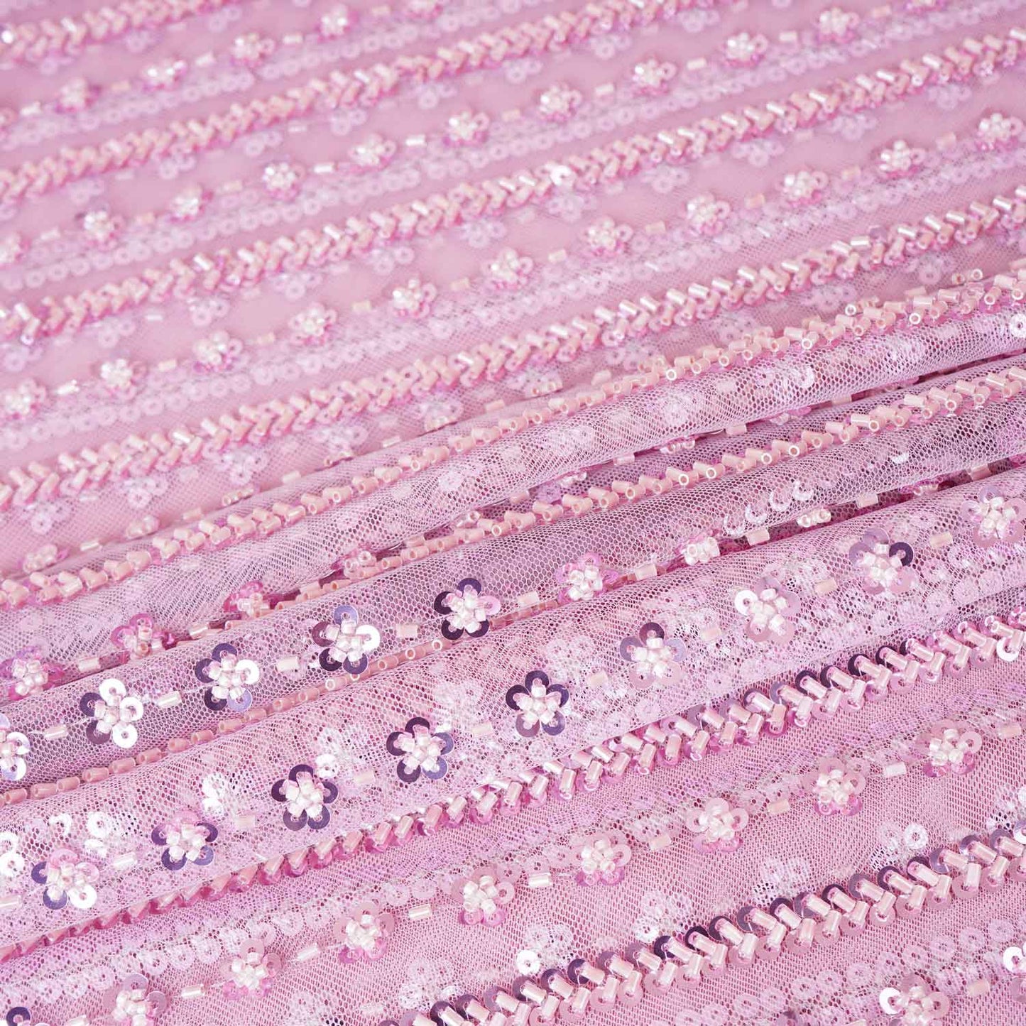 Pink Stripes CutDana Sequins Embroidery Net Fabric