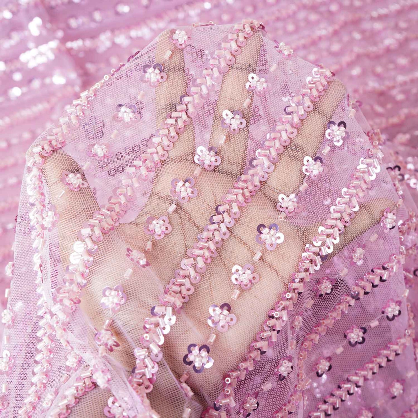 Pink Stripes CutDana Sequins Embroidery Net Fabric