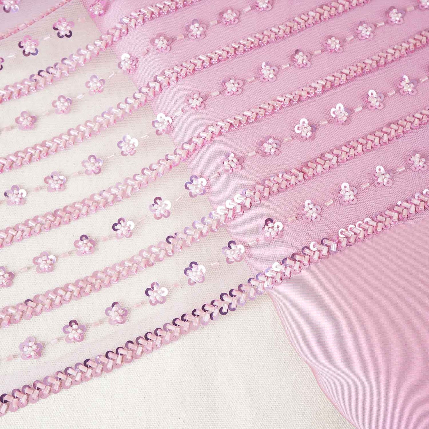 Pink Stripes CutDana Sequins Embroidery Net Fabric