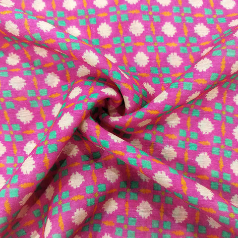 Red Geometrical Print Linen Organza GT-17200