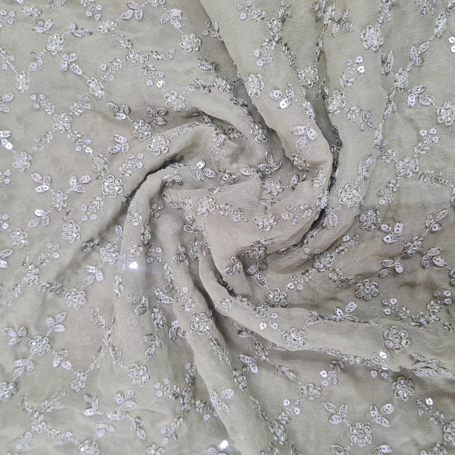 Premium Sage Green Floral Thread Embroidery Georgette Fabric 