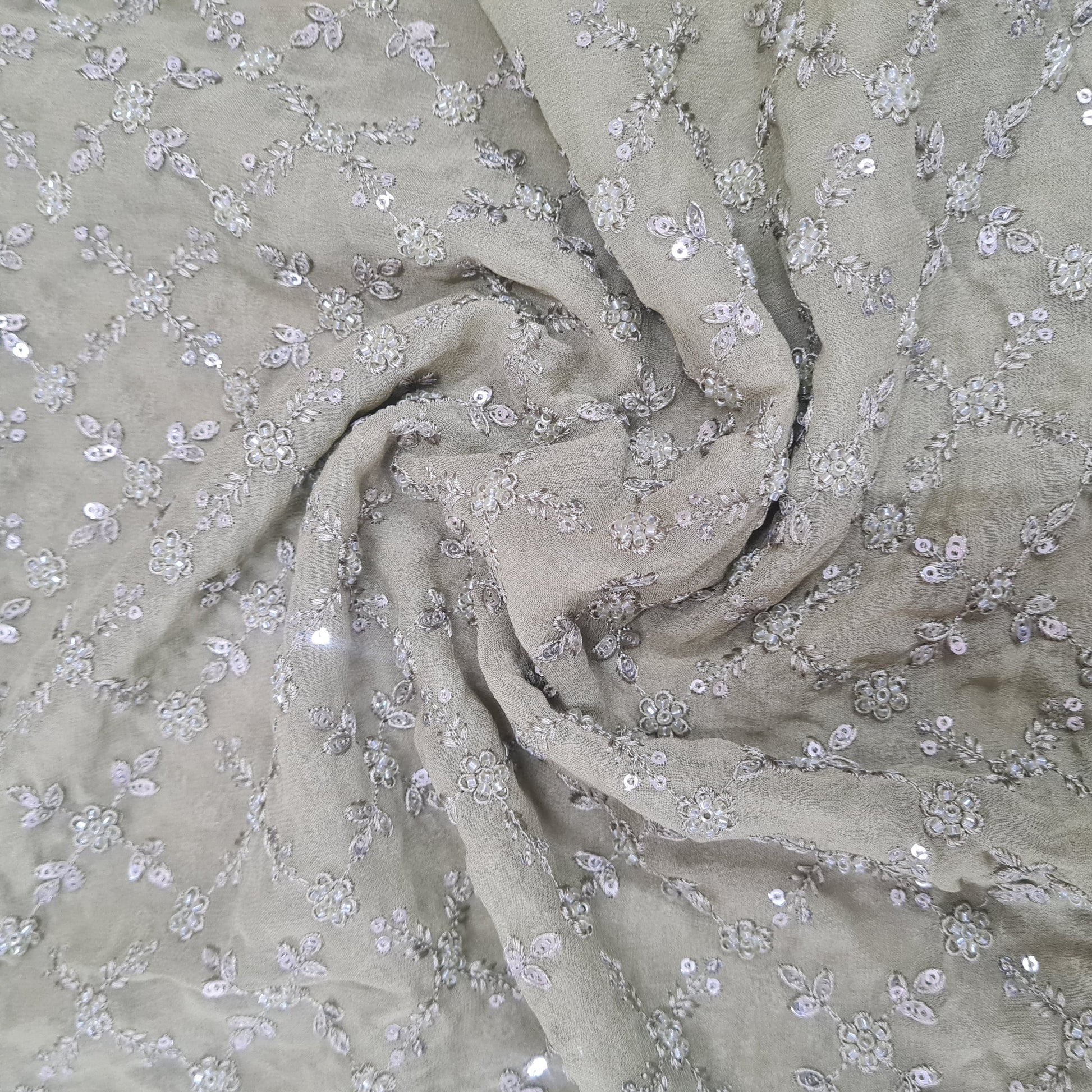 Premium Sage Green Floral Thread Embroidery Georgette Fabric 