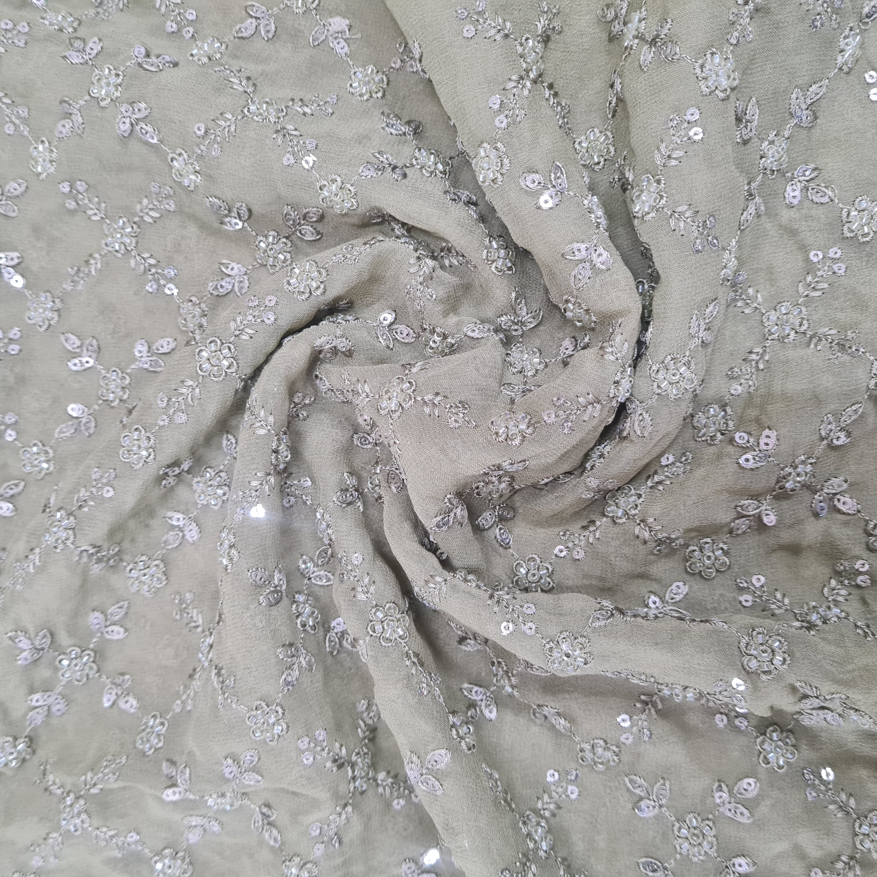 Premium Sage Green Floral Thread Embroidery Georgette Fabric 