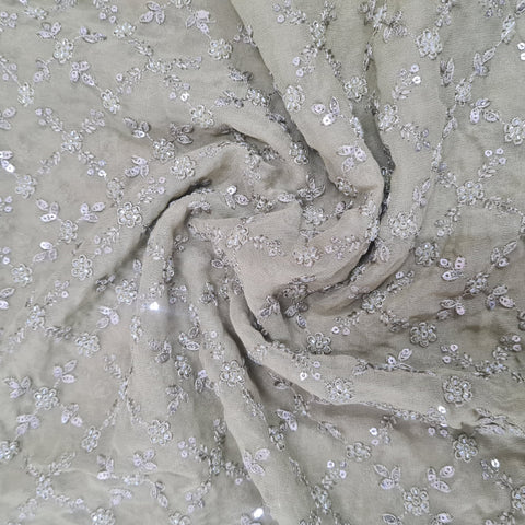 Premium Sage Green Floral Thread Embroidery Georgette Fabric 