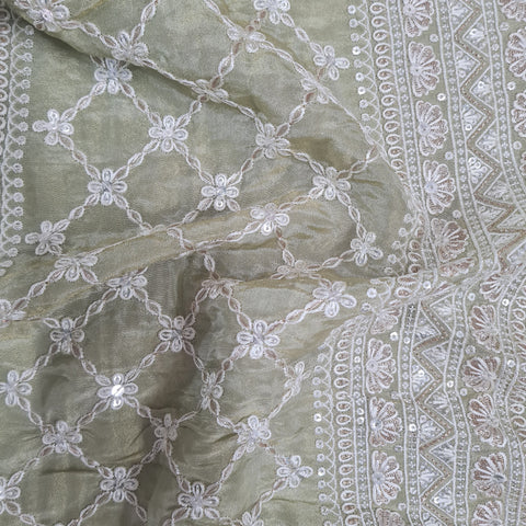 Premium Georgette Fabric Crocodile Green Floral Embroidary Fabric