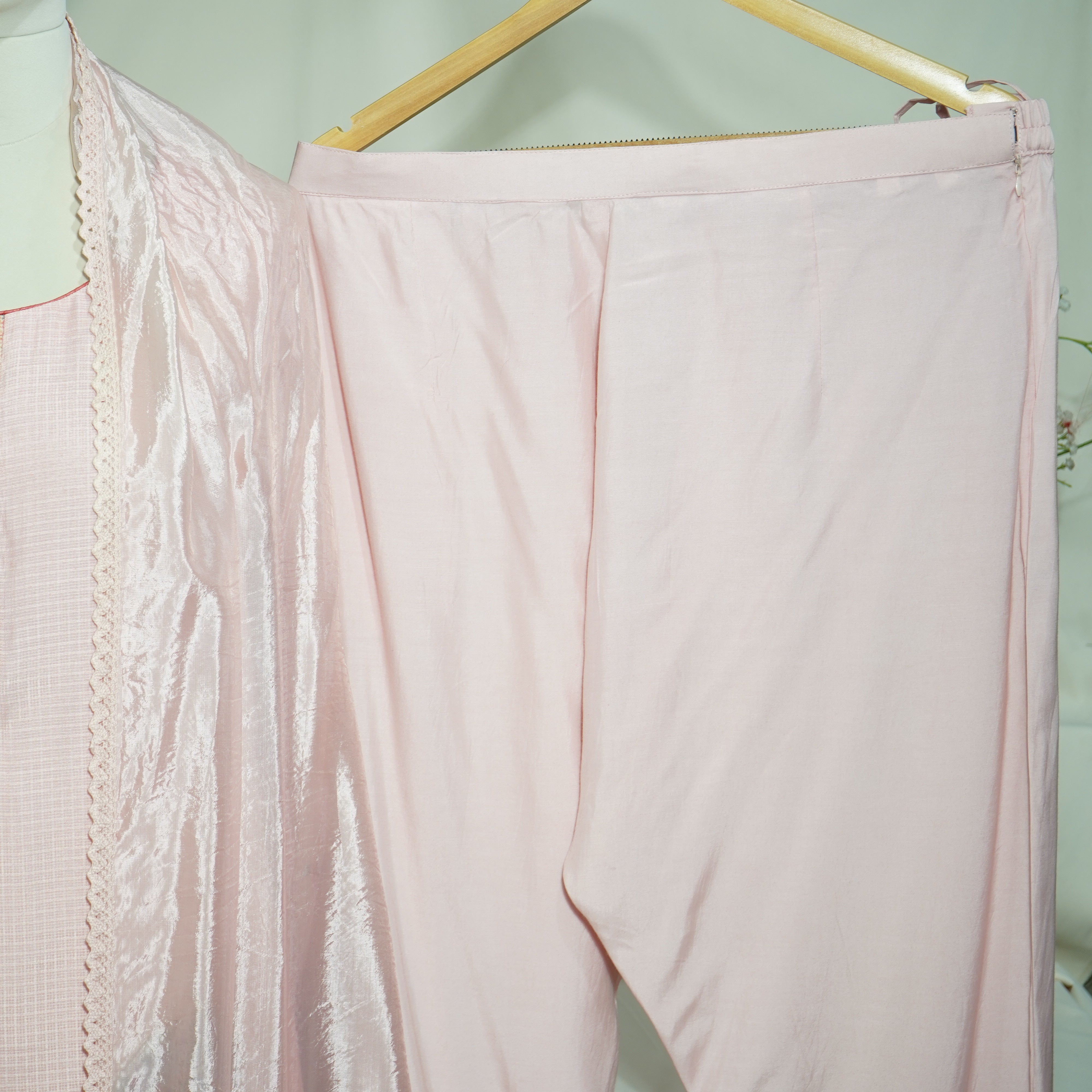 Baby Pink Cutdana Embroidery Suit Set With Dupatta (Top-Cotton Silk, Bottom-Muslin, Dupatta-silk)