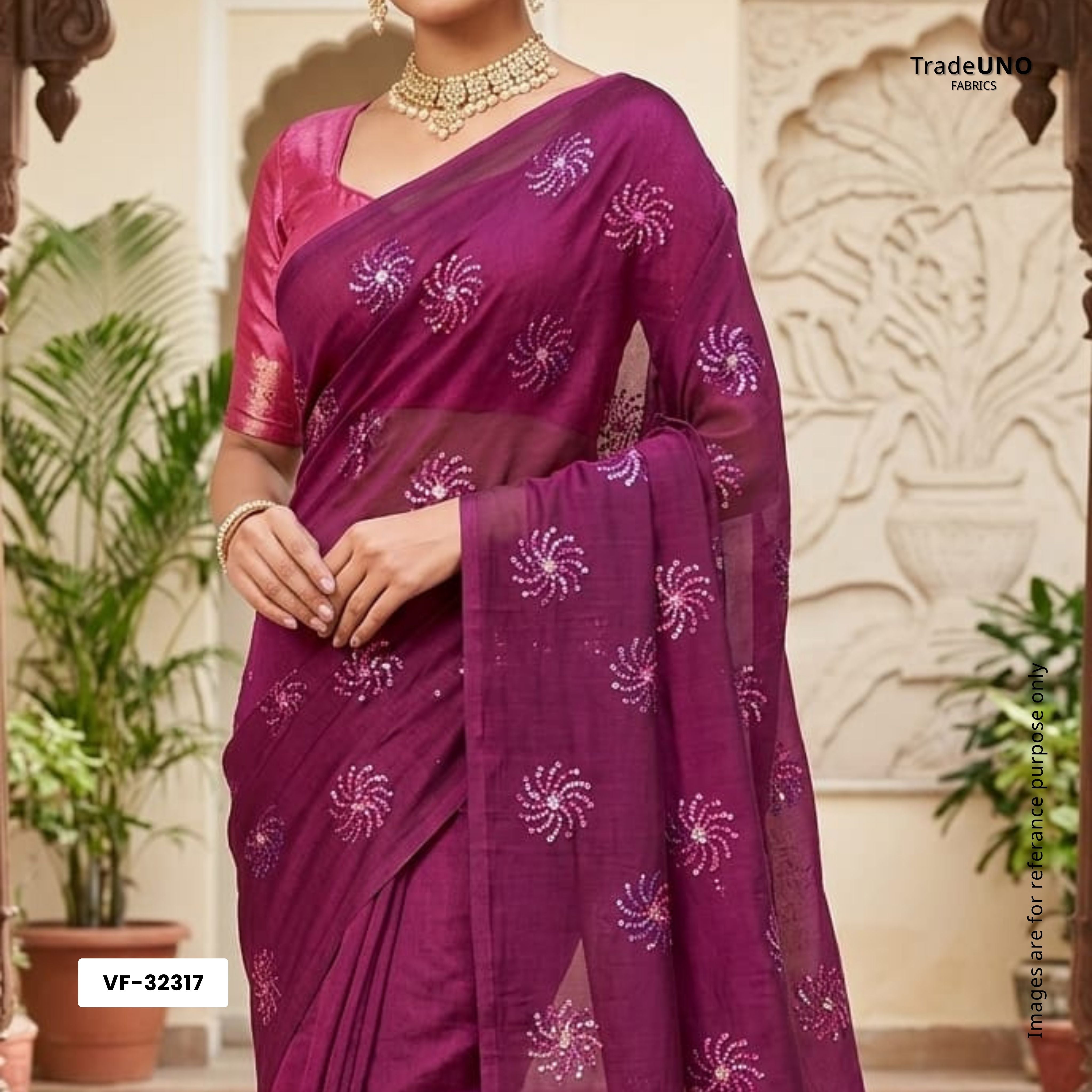 Pink With Purple 4D Sequins Embroidery Malai Chanderi Fabric VF-32317 - TradeUNO