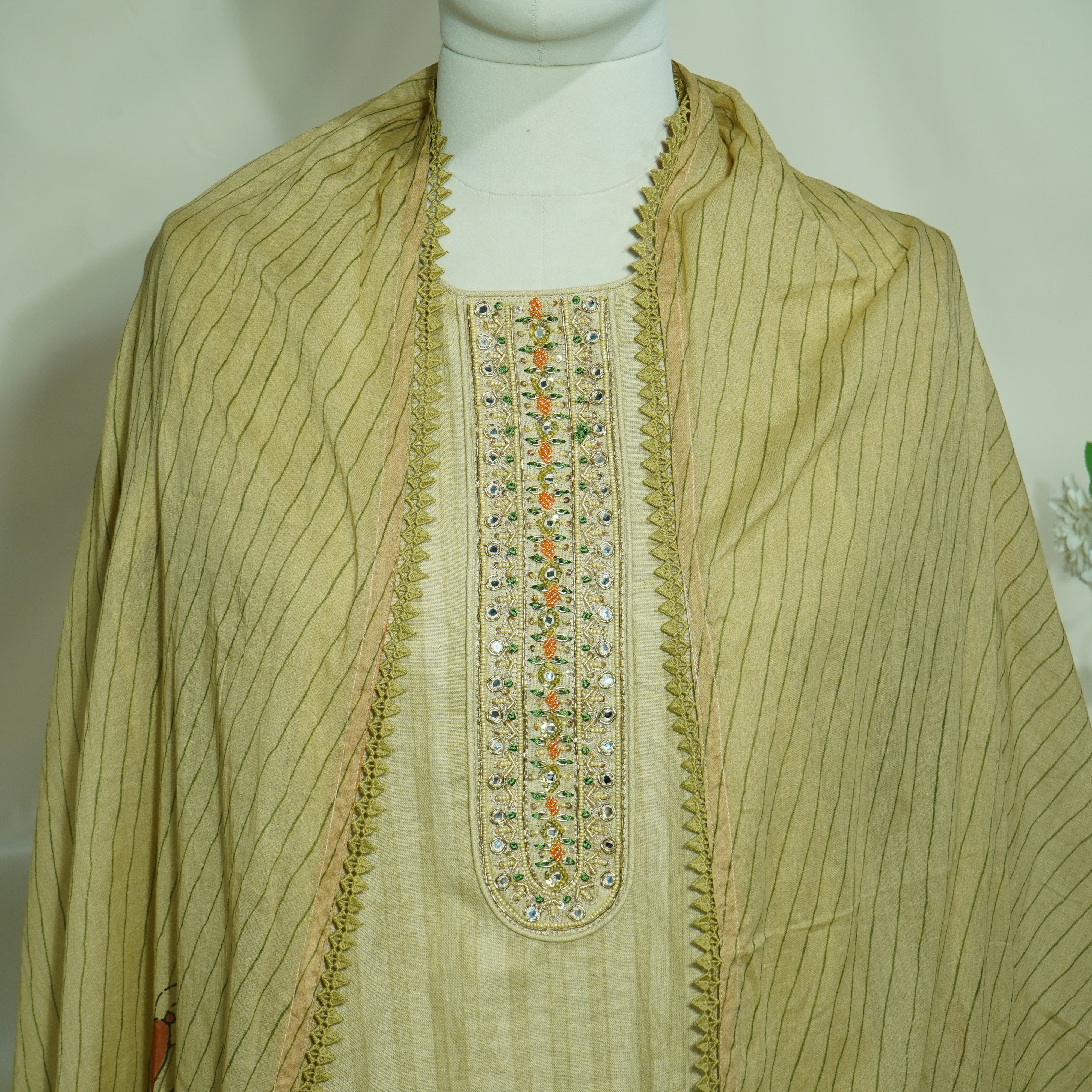 Exclusive Suit Set With Dupatta (Top-Linen, Bottom- Linen, Dupatta-Mulmul) Golden Sequins Beads Embroidery Fabric