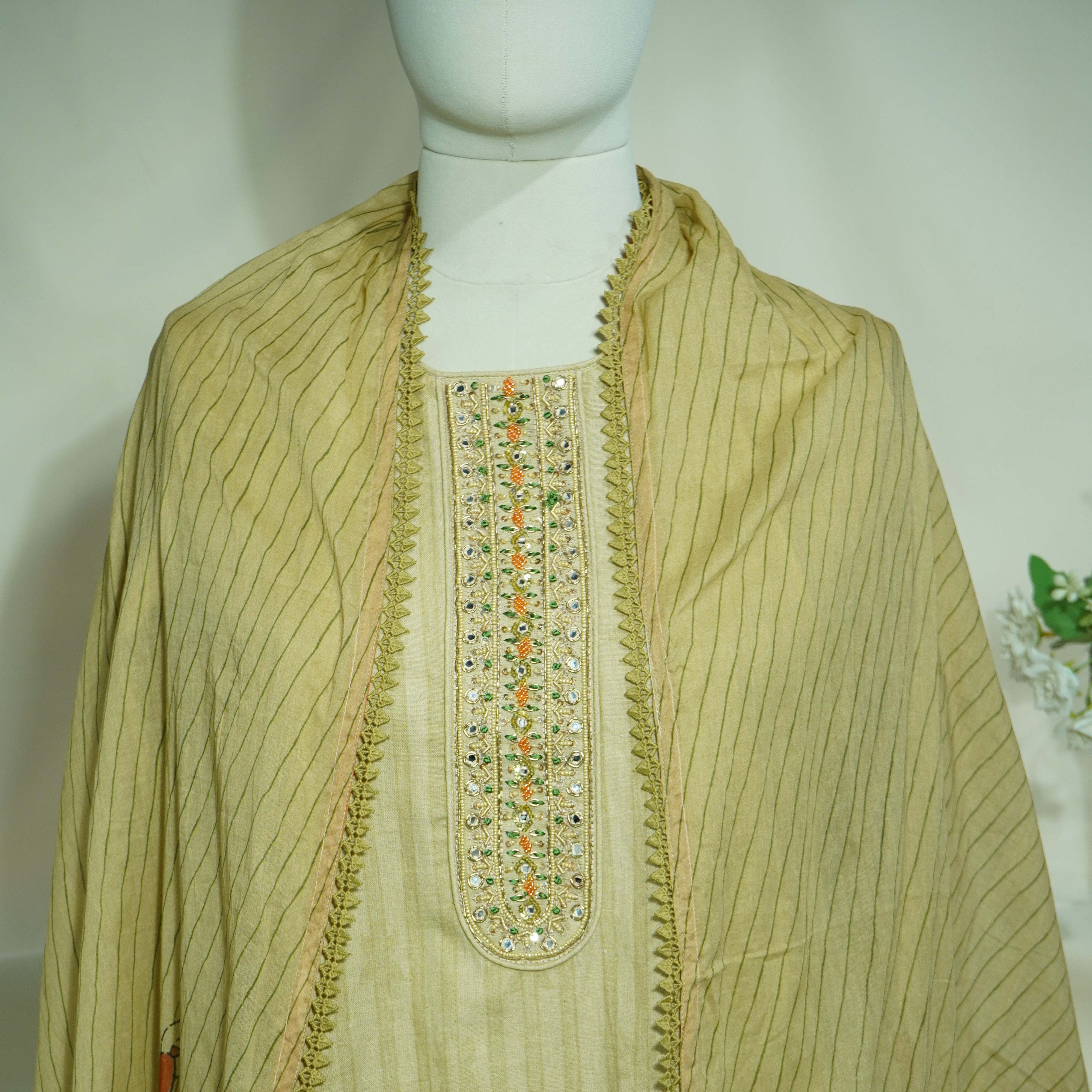 Exclusive Suit Set With Dupatta (Top-Linen, Bottom- Linen, Dupatta-Mulmul) Golden Sequins Beads Embroidery Fabric