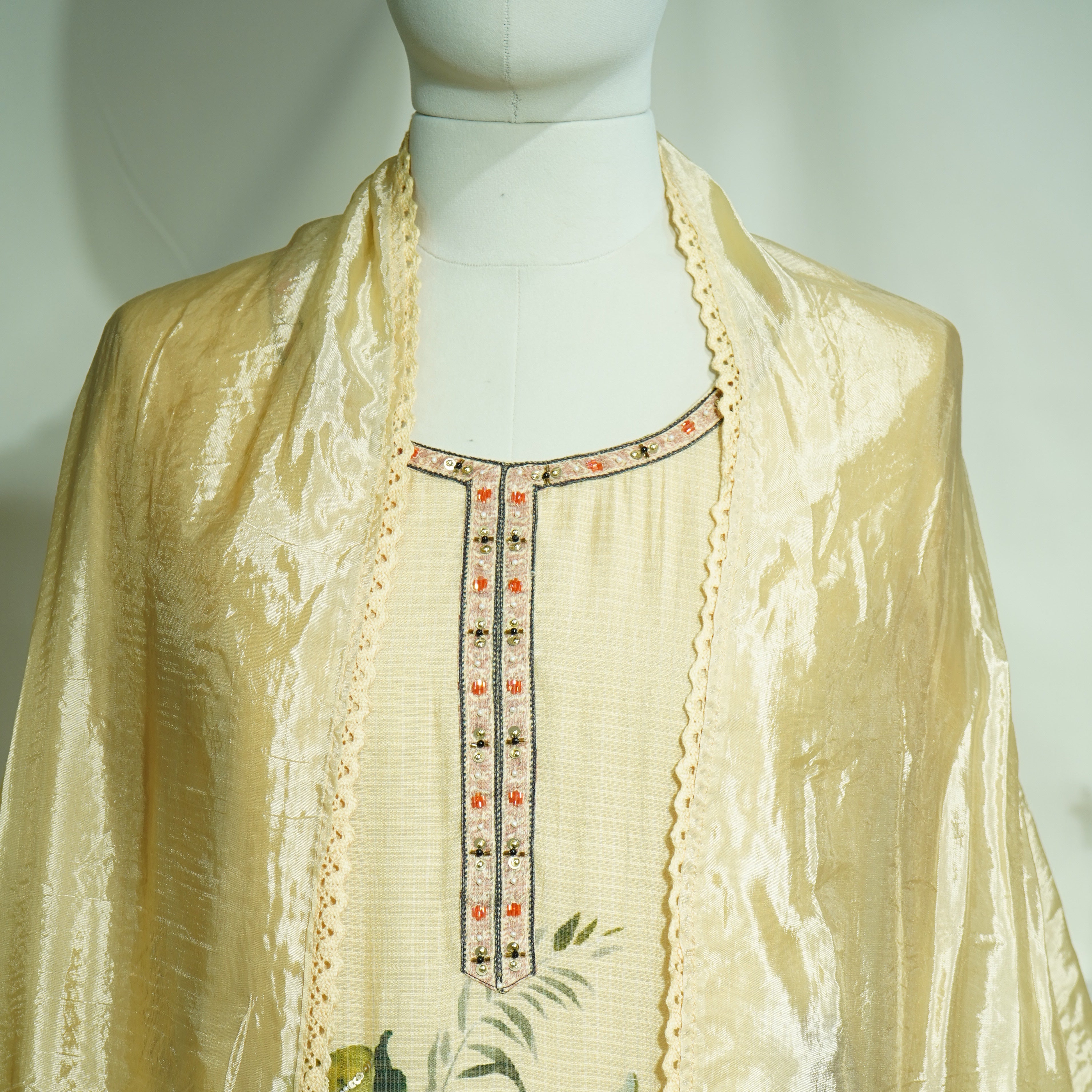 Exclusive Suit Set With Dupatta (Cotton Silk, Dupatta-Muslin Silk Dark Creame Sequins Embroidery Fabric