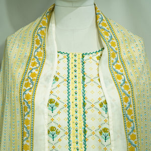 Creame Multicolor Tread Floral Embroidery Suit Set With Dupatta (Cotton, Dupatta-Mulmul)