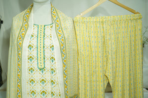 Creame Multicolor Tread Floral Embroidery Suit Set With Dupatta (Cotton, Dupatta-Mulmul)