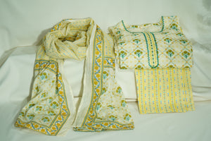 Creame Multicolor Tread Floral Embroidery Suit Set With Dupatta (Cotton, Dupatta-Mulmul)