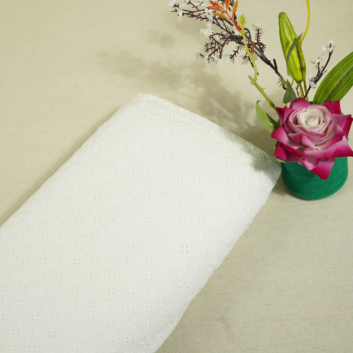 White Sequins Floral Embroidery Cotton Schiffli SKE-17395