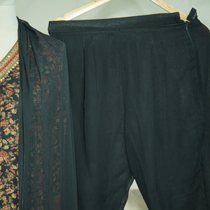 Premium Suit Set With Dupatta (Top-Muslin, Bottom-Satun, Dupatta-Siffon) Black Floral Print Fabric