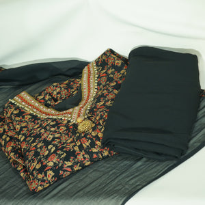 Premium Suit Set With Dupatta (Top-Muslin, Bottom-Satun, Dupatta-Siffon) Black Floral Print Fabric