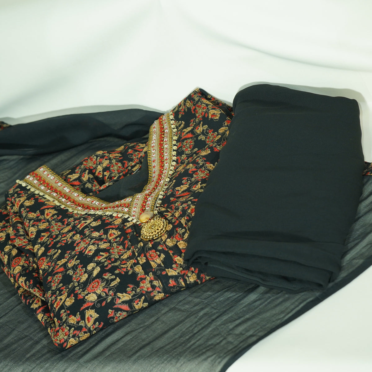 Premium Suit Set With Dupatta (Top-Muslin, Bottom-Satun, Dupatta-Siffon) Black Floral Print Fabric