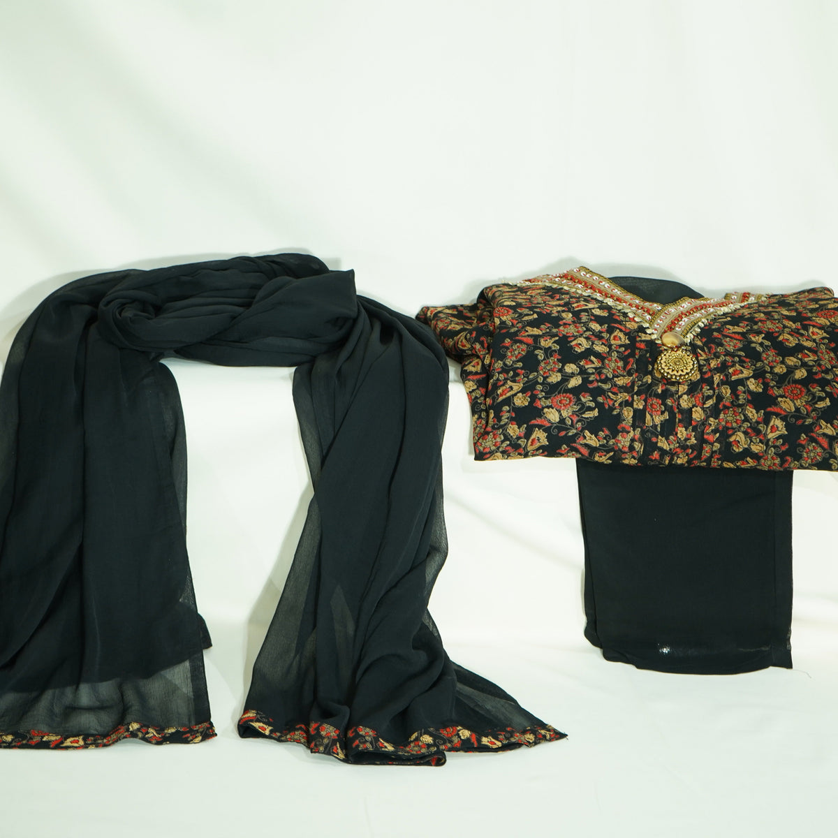 Premium Suit Set With Dupatta (Top-Muslin, Bottom-Satun, Dupatta-Siffon) Black Floral Print Fabric