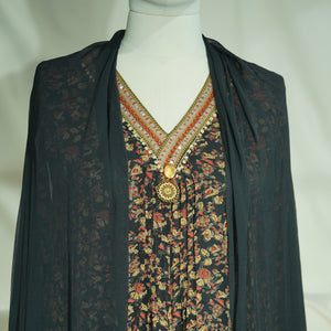 Premium Suit Set With Dupatta (Top-Muslin, Bottom-Satun, Dupatta-Siffon) Black Floral Print Fabric